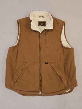 Lee Premium Select Men Canvas Sherpa Lined Insulated Vest Brown Full-Zip